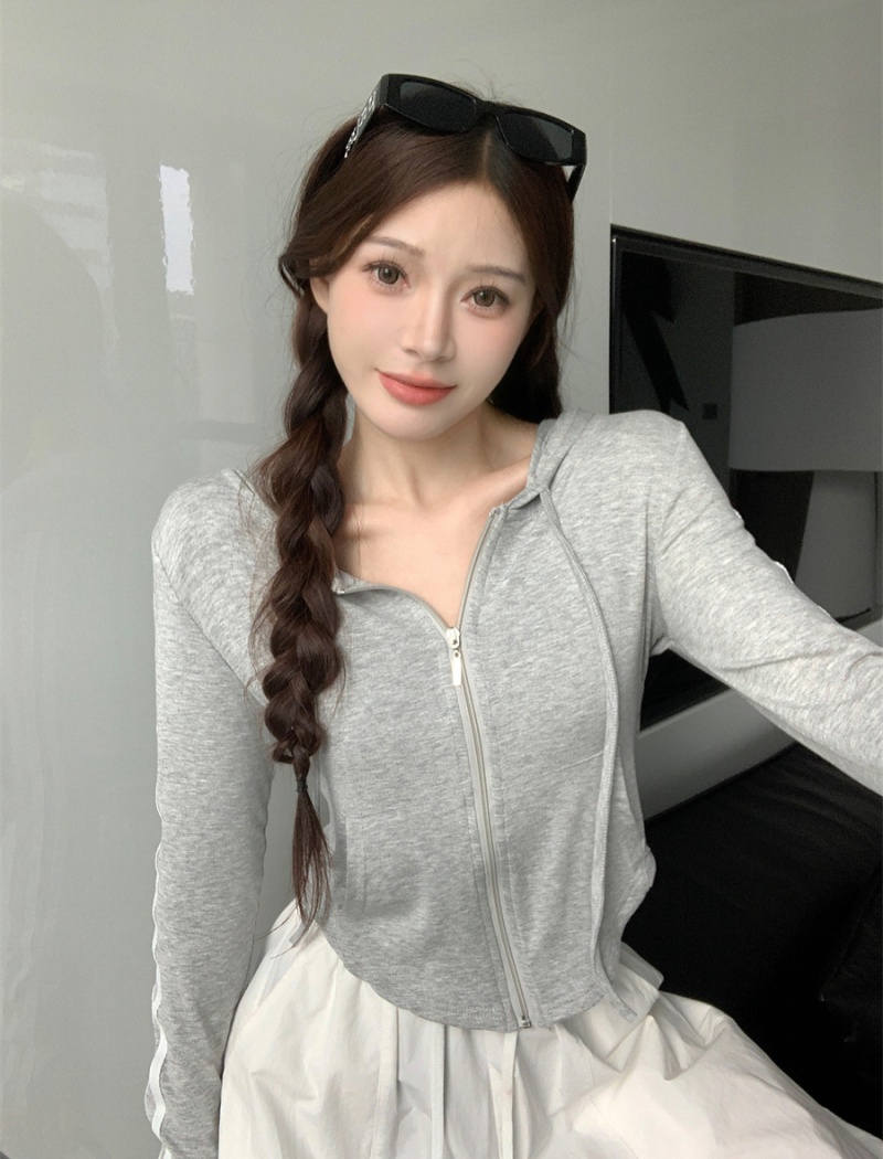 Long sleeve gray slim T-shirt hooded irregular cardigan