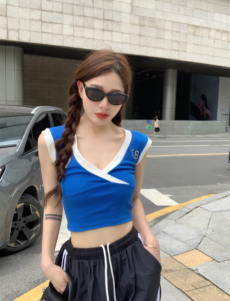 V-neck sexy T-shirt embroidery sports pants