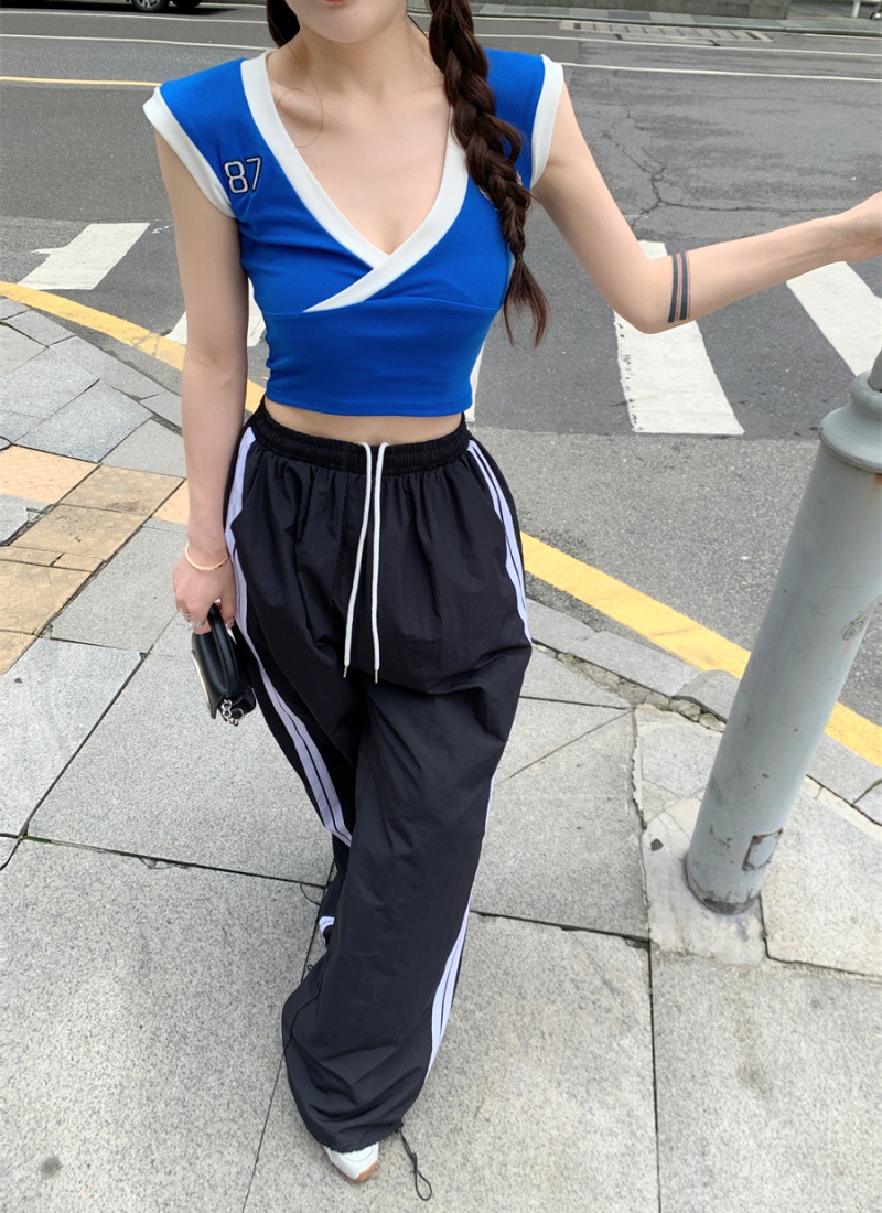 V-neck sexy T-shirt embroidery sports pants