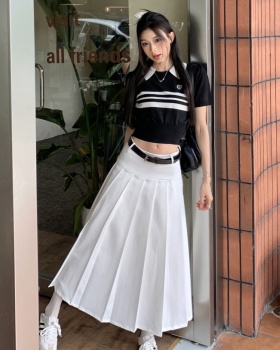 High waist A-line sweater pleated splice T-shirt