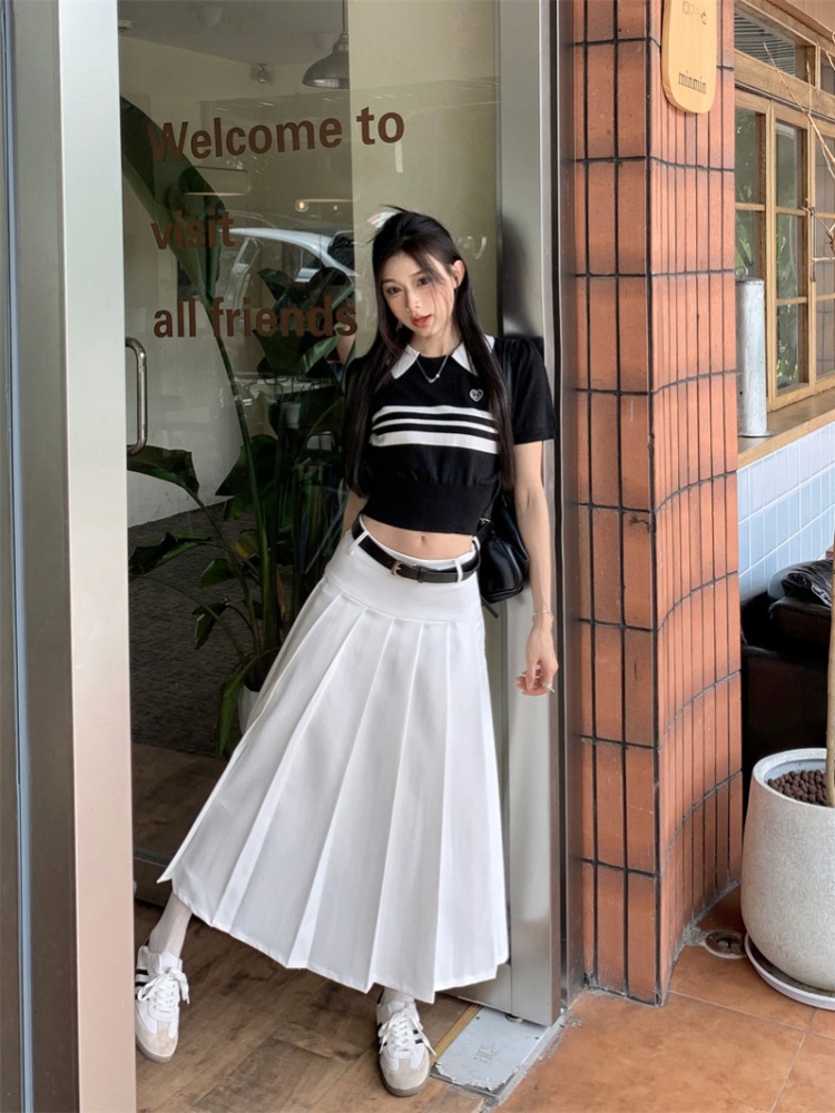 High waist A-line sweater pleated splice T-shirt