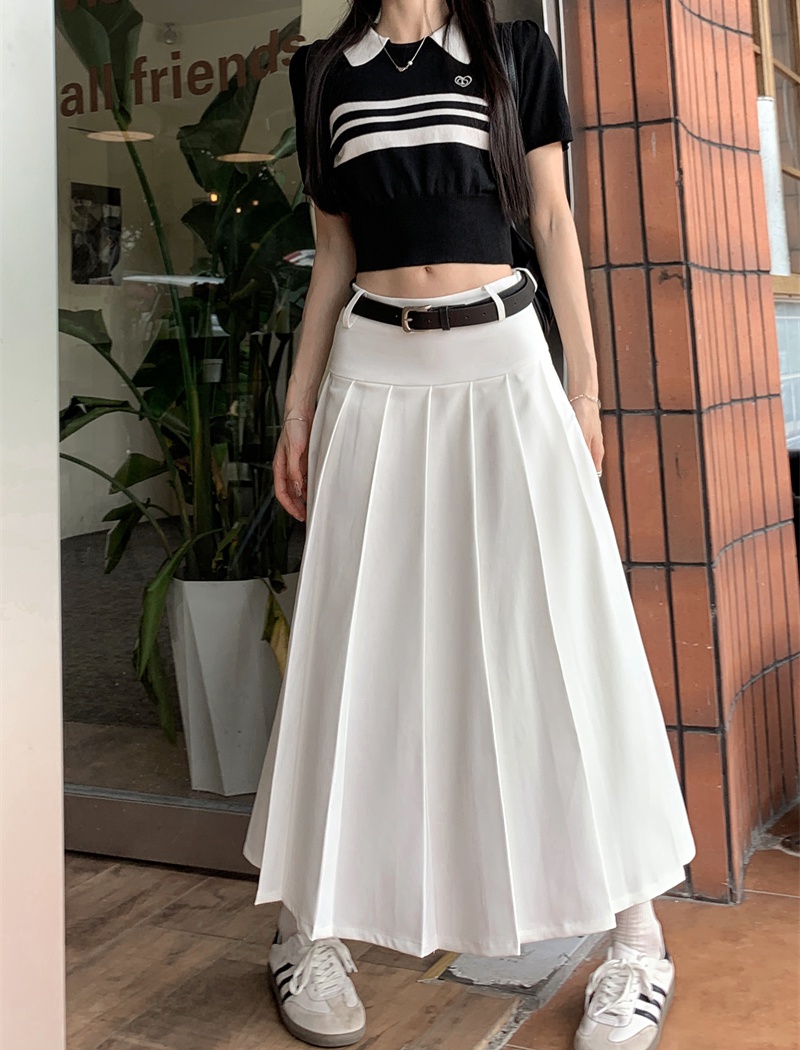 High waist A-line sweater pleated splice T-shirt