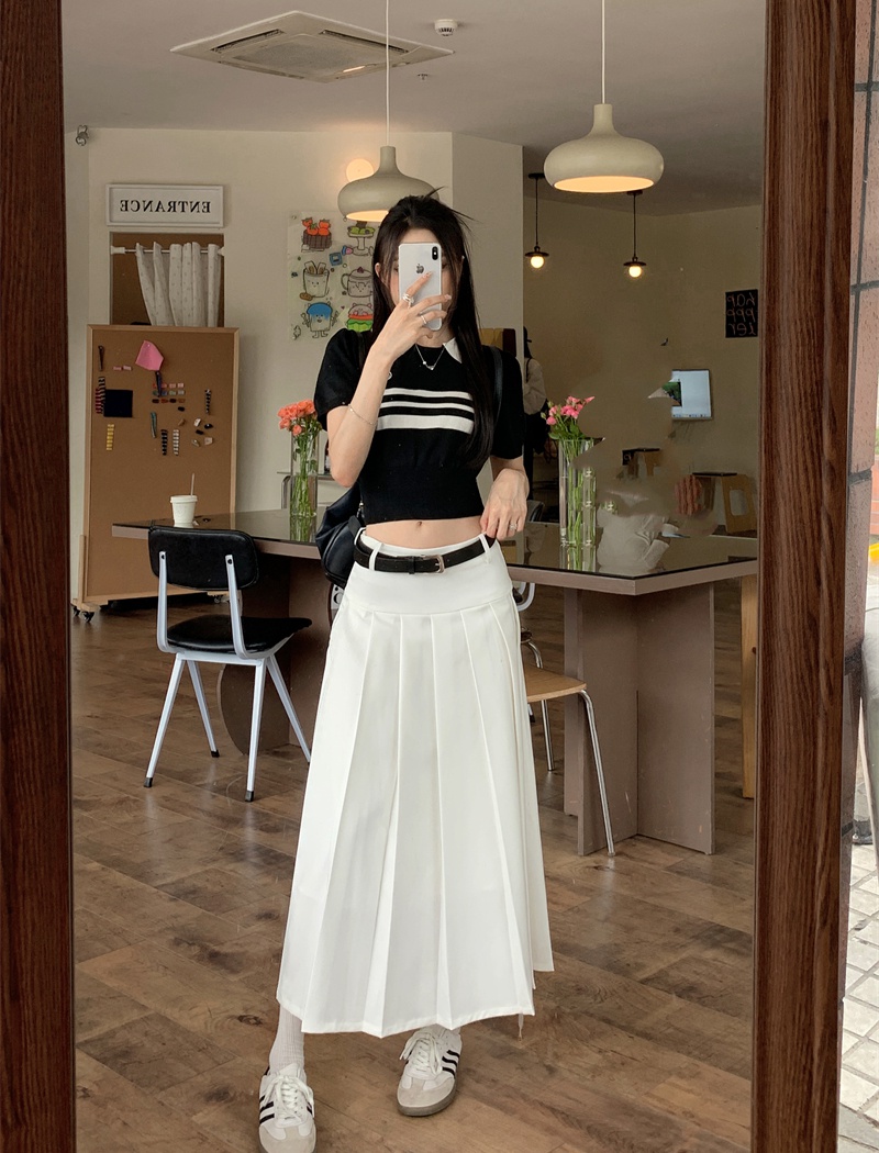 High waist A-line sweater pleated splice T-shirt