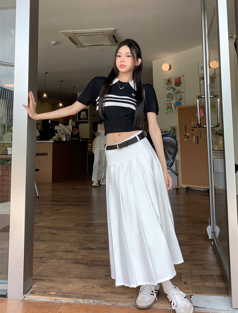 High waist A-line sweater pleated splice T-shirt