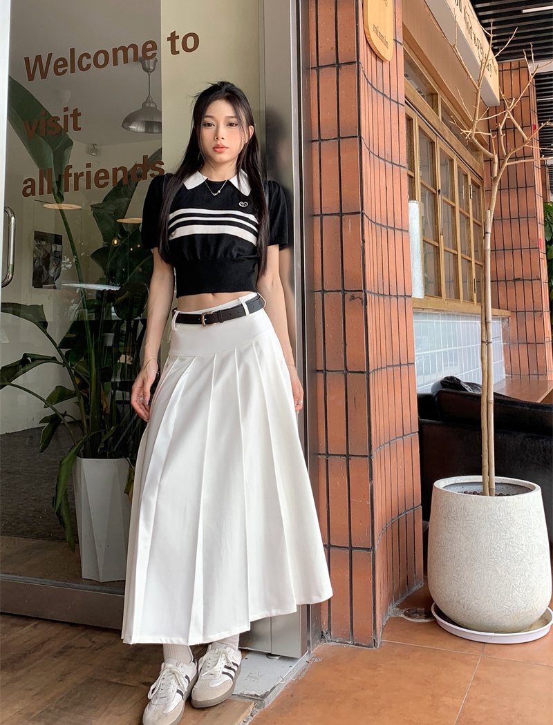 High waist A-line sweater pleated splice T-shirt