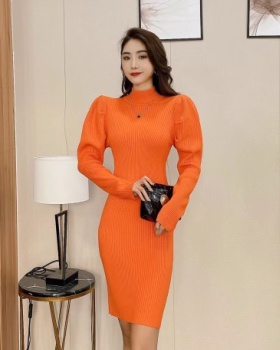 Knitted exceed knee dress slim puff sleeve sweater dress