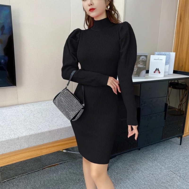 Knitted exceed knee dress slim puff sleeve sweater dress