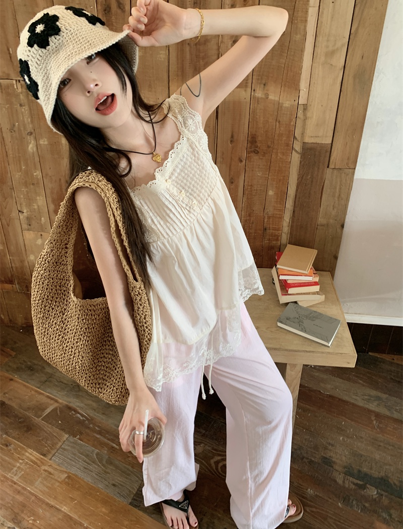 France style unique casual pants lace sling vest