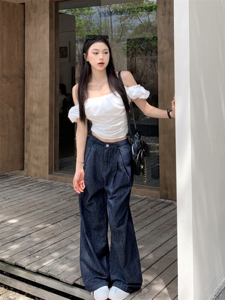 Wide leg horizontal collar folds jeans loose lace tops