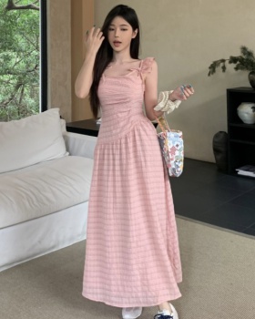 Pinched waist pink sweet long dress slim boats sleeve dress