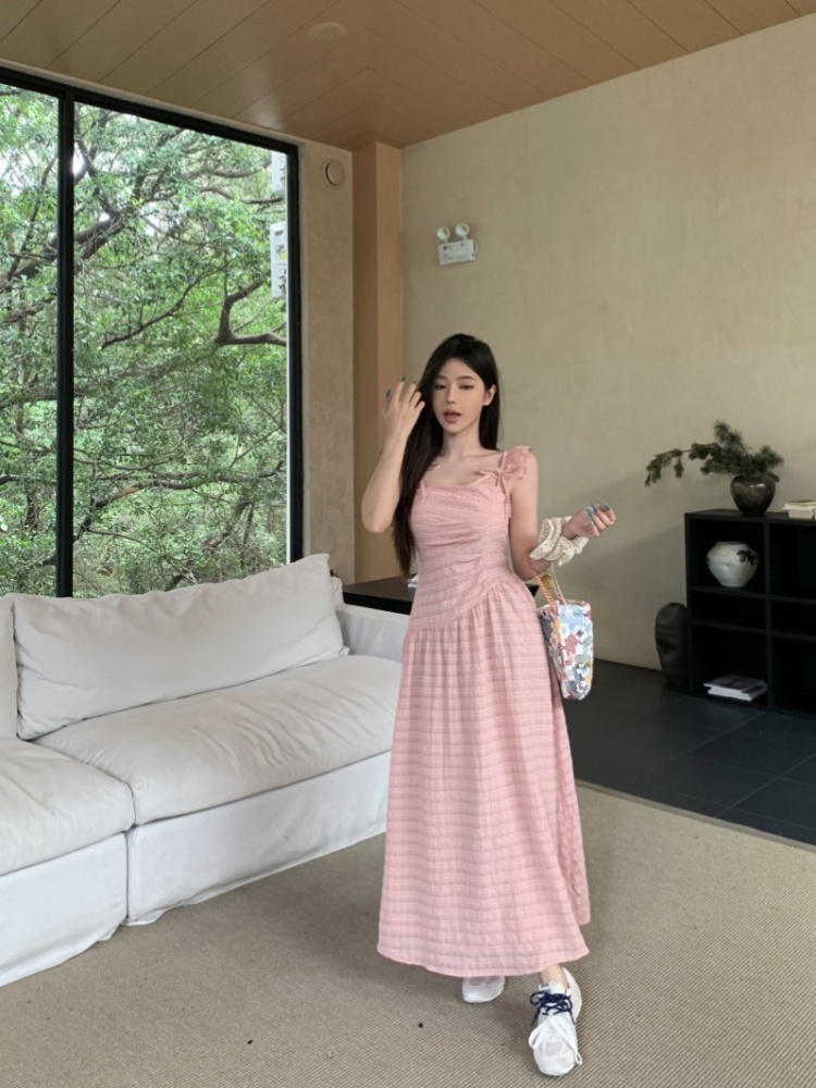 Pinched waist pink sweet long dress slim boats sleeve dress