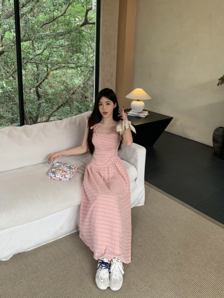 Pinched waist pink sweet long dress slim boats sleeve dress