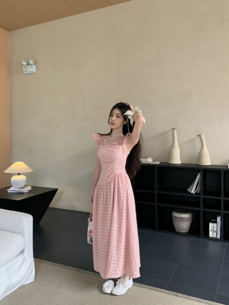 Pinched waist pink sweet long dress slim boats sleeve dress