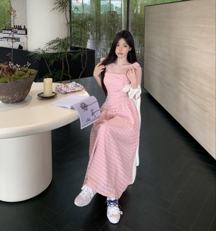 Pinched waist pink sweet long dress slim boats sleeve dress