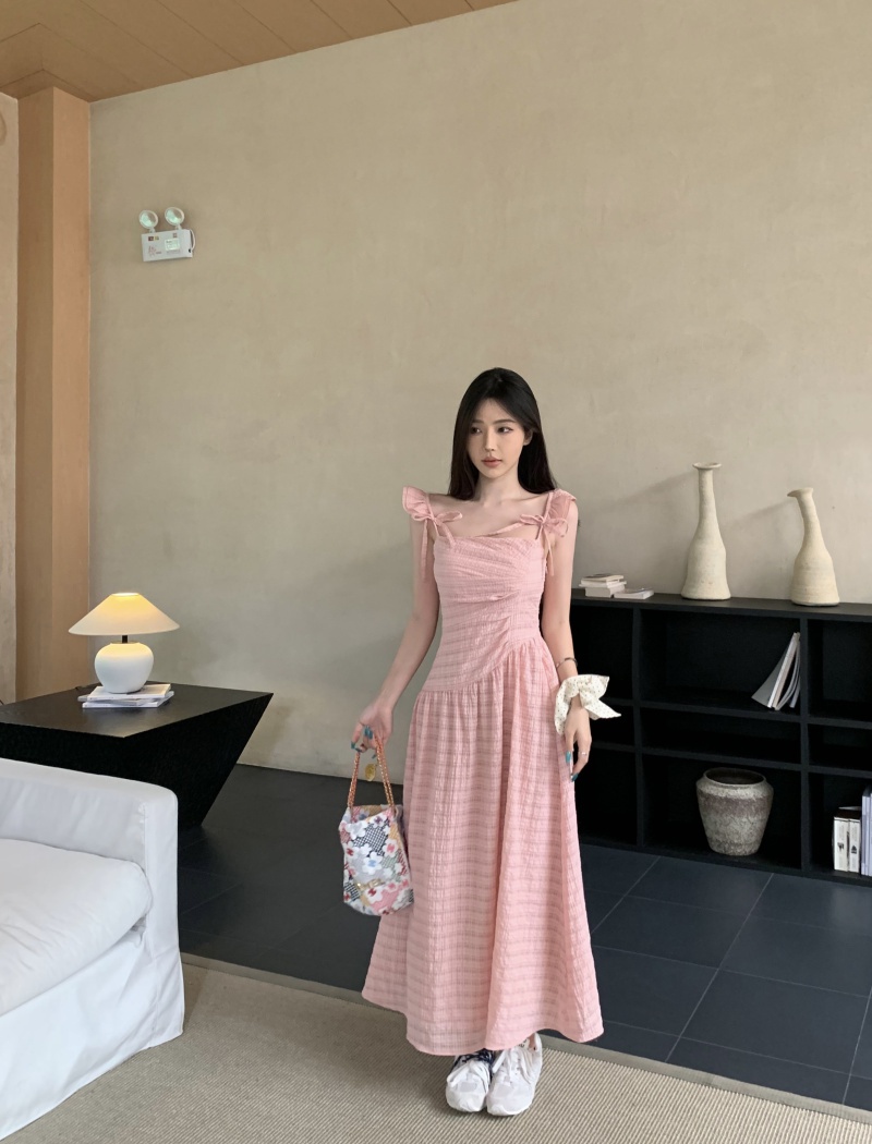 Pinched waist pink sweet long dress slim boats sleeve dress