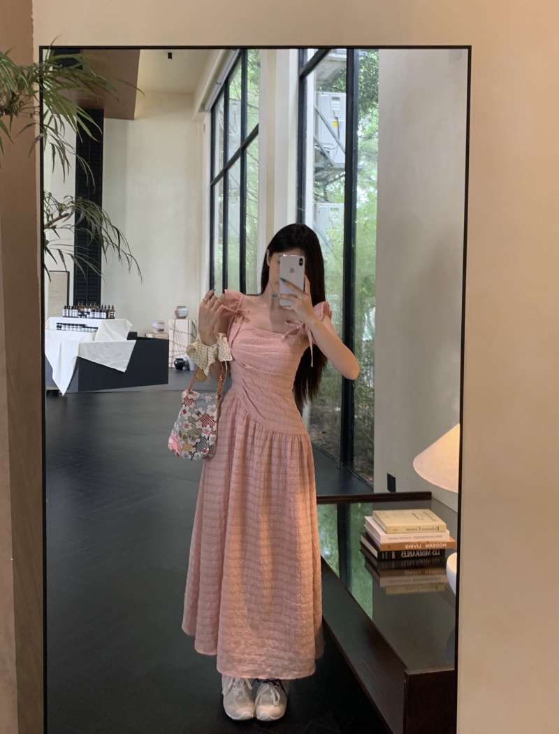 Pinched waist pink sweet long dress slim boats sleeve dress