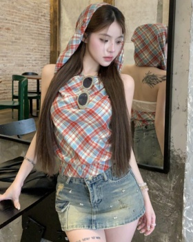 Summer plaid red vest hooded wears outside tops for women