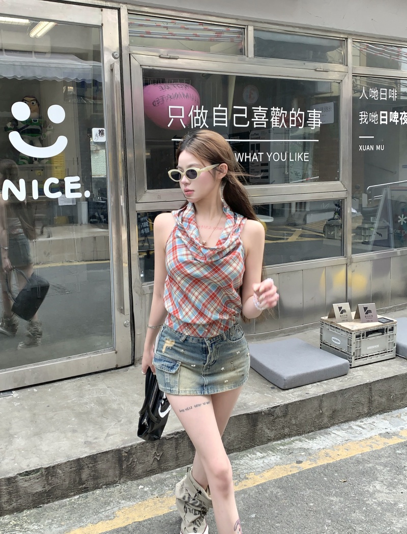 Summer plaid red vest hooded wears outside tops for women