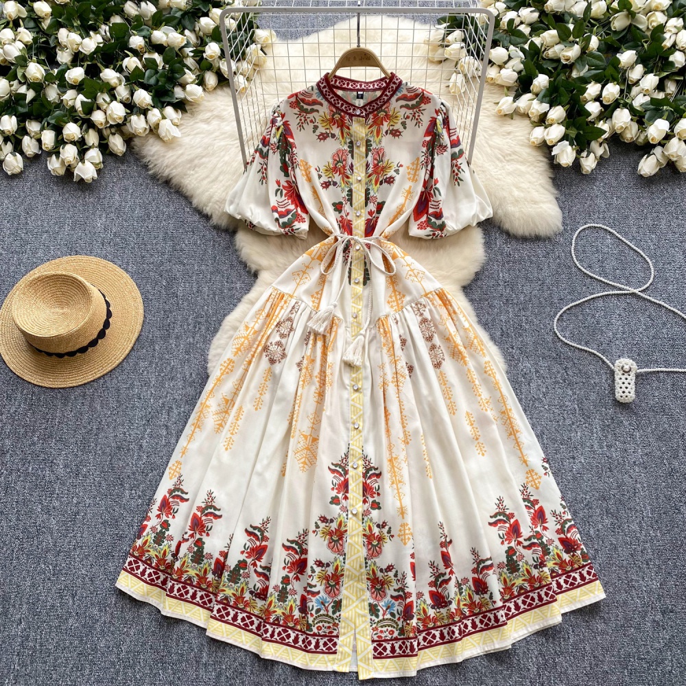 Retro court style summer pinched waist single-breasted dress