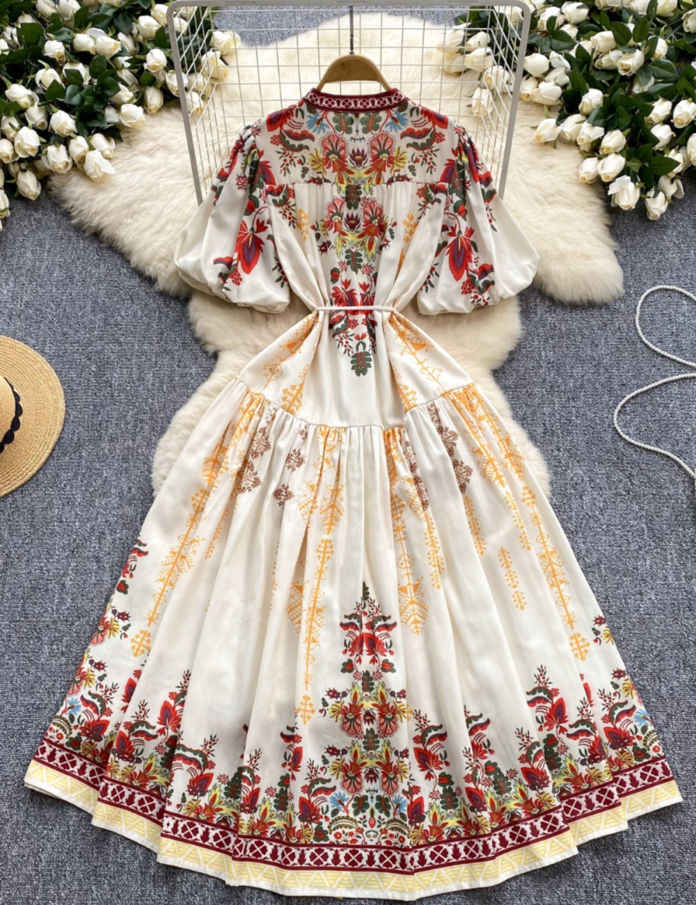 Retro court style summer pinched waist single-breasted dress