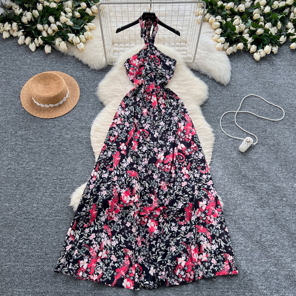 Seaside floral high waist beach dress halter slim dress