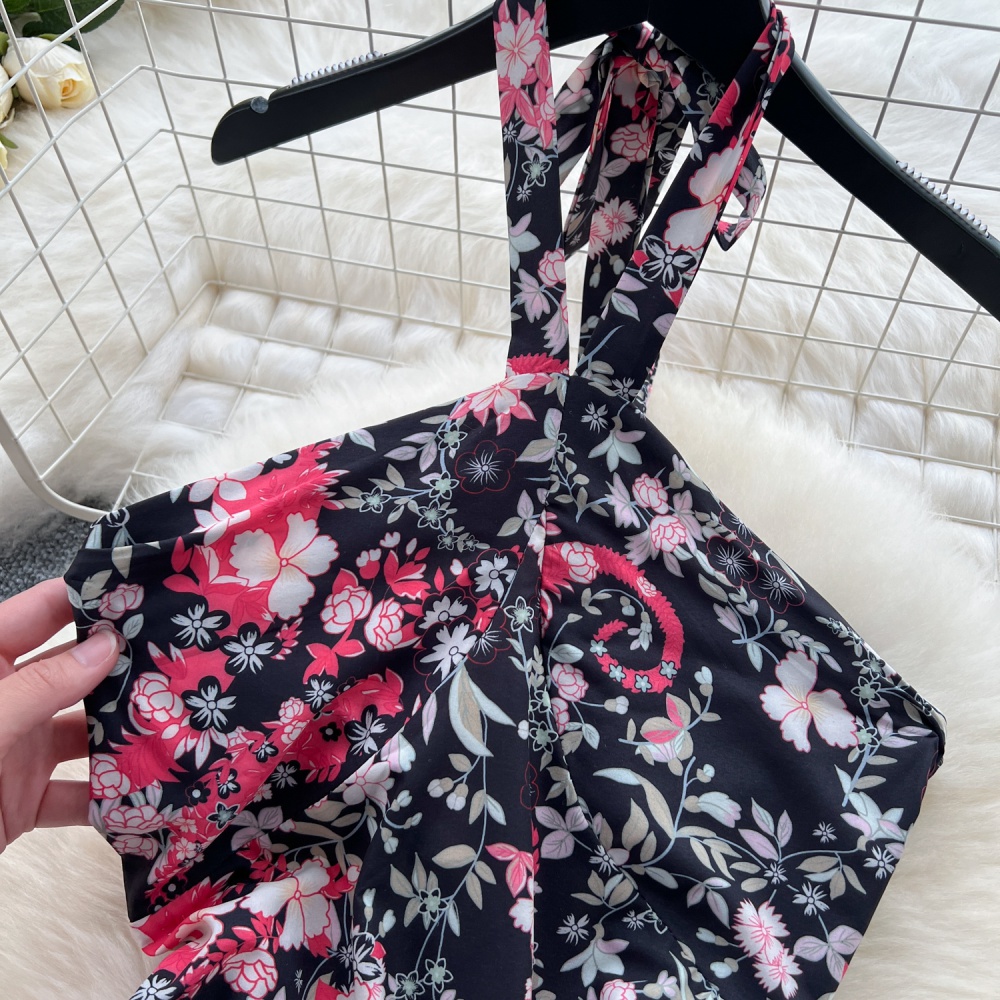 Seaside floral high waist beach dress halter slim dress