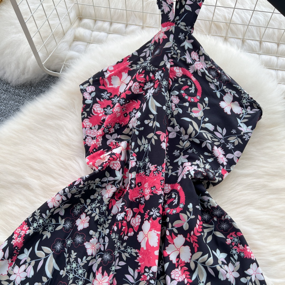 Seaside floral high waist beach dress halter slim dress