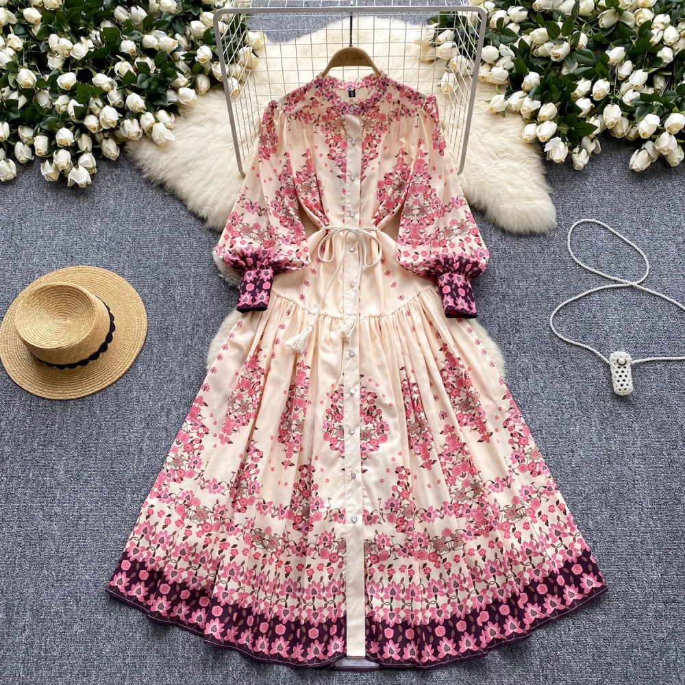 Printing retro long dress pinched waist dress