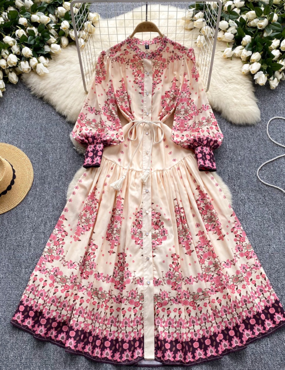 Printing retro long dress pinched waist dress