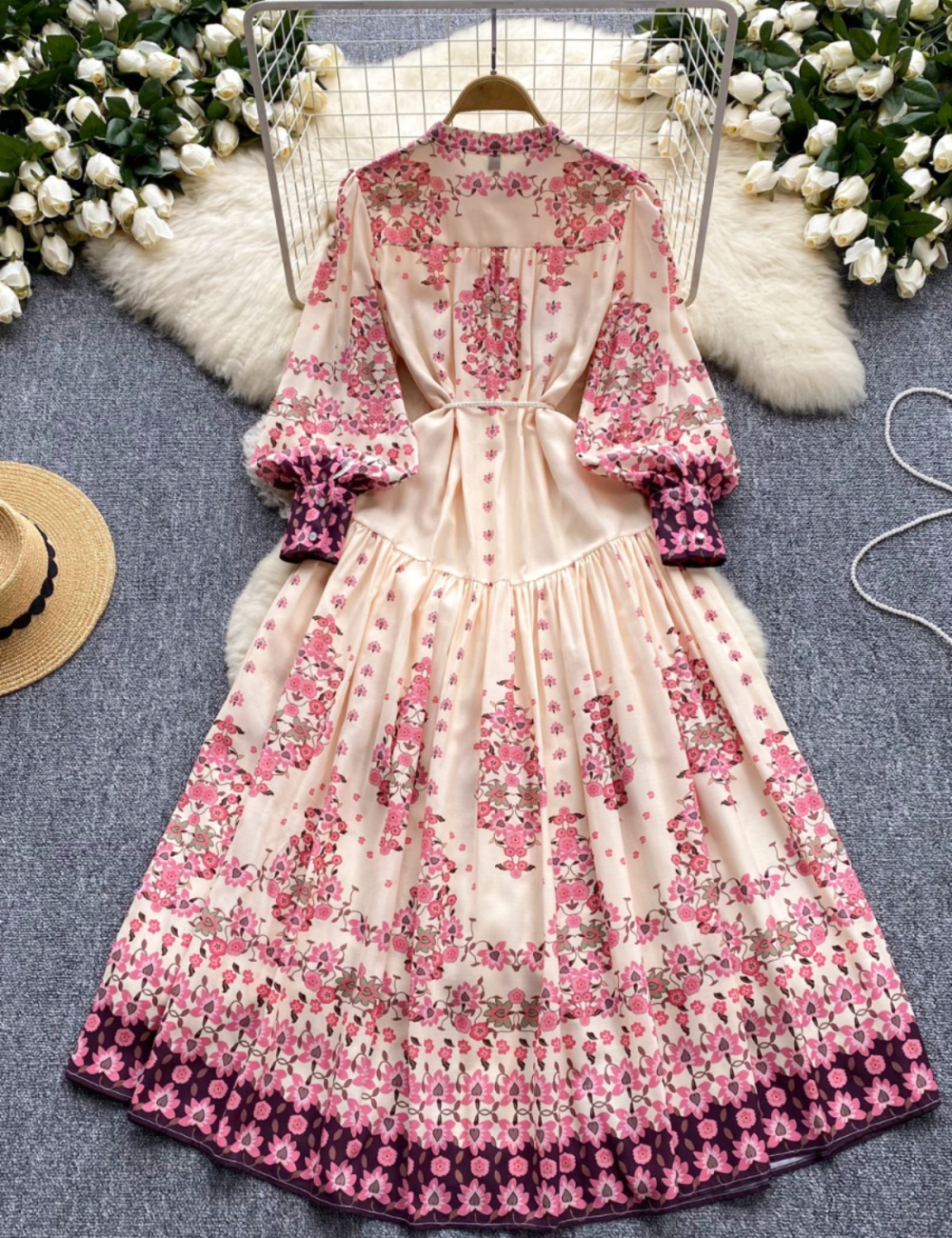 Printing retro long dress pinched waist dress