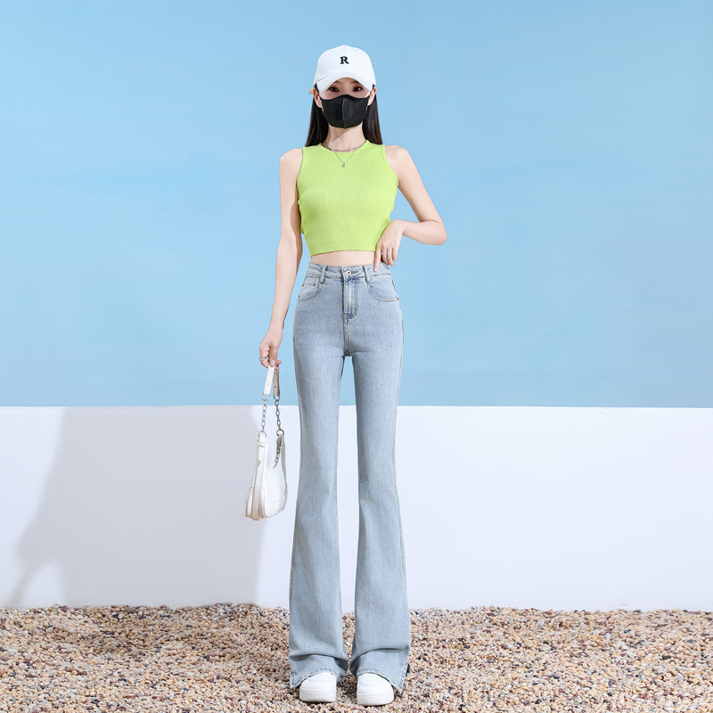 Light-blue split jeans micro speaker slim pants