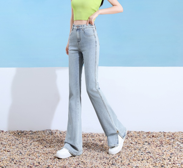 Light-blue split jeans micro speaker slim pants