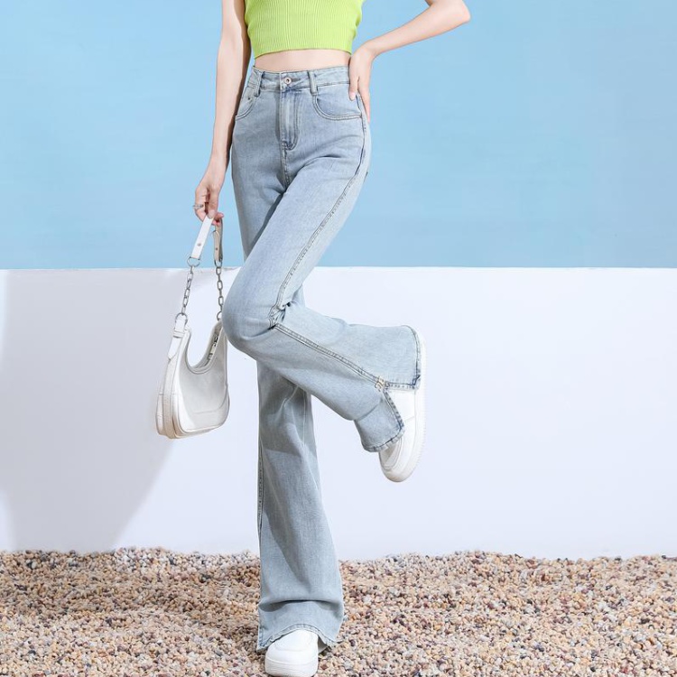 Light-blue split jeans micro speaker slim pants