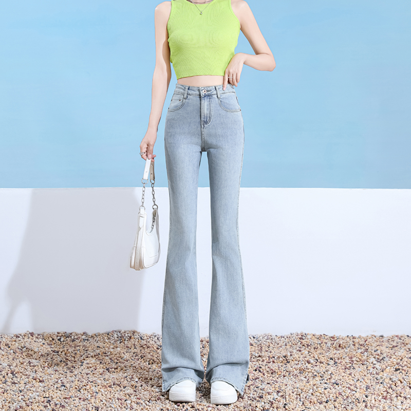 Light-blue split jeans micro speaker slim pants