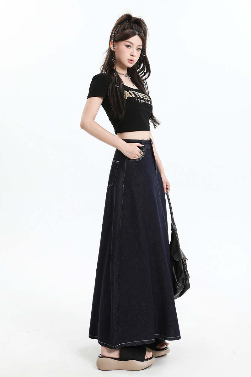 High waist A-line long skirt denim navy blue summer long skirt