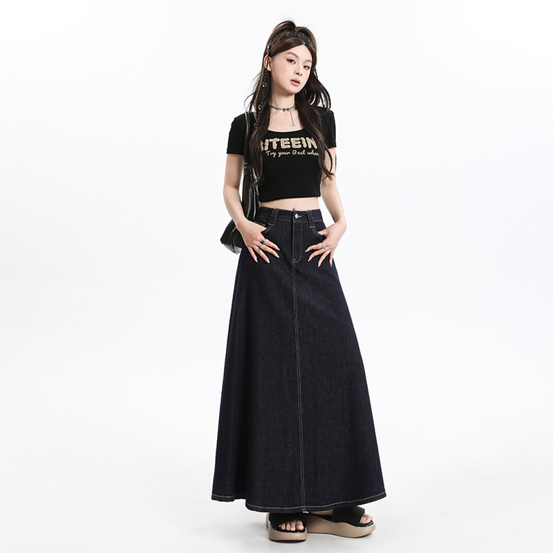 High waist A-line long skirt denim navy blue summer long skirt