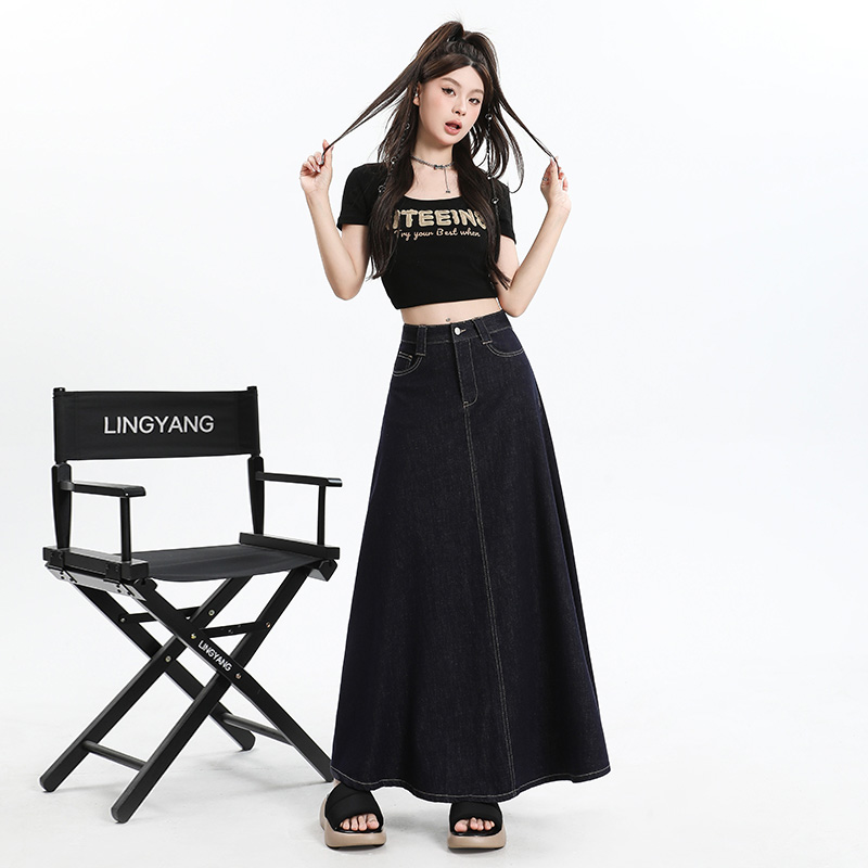 High waist A-line long skirt denim navy blue summer long skirt