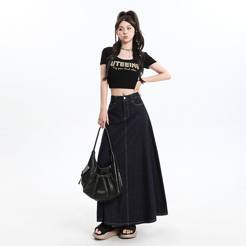 High waist A-line long skirt denim navy blue summer long skirt