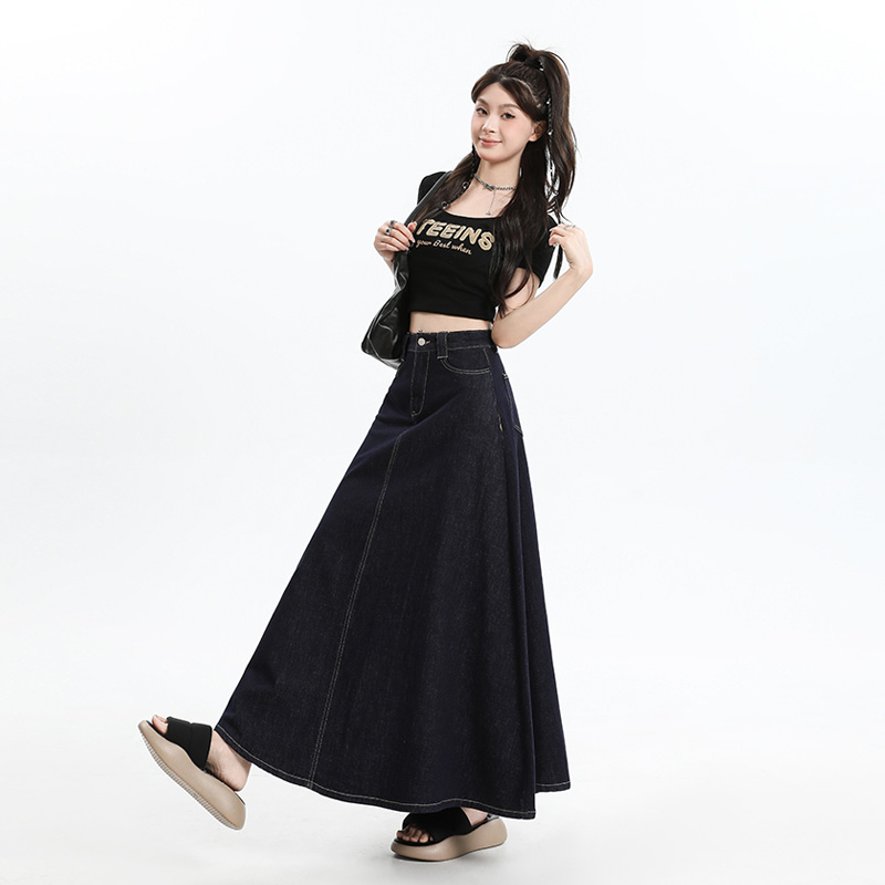 High waist A-line long skirt denim navy blue summer long skirt