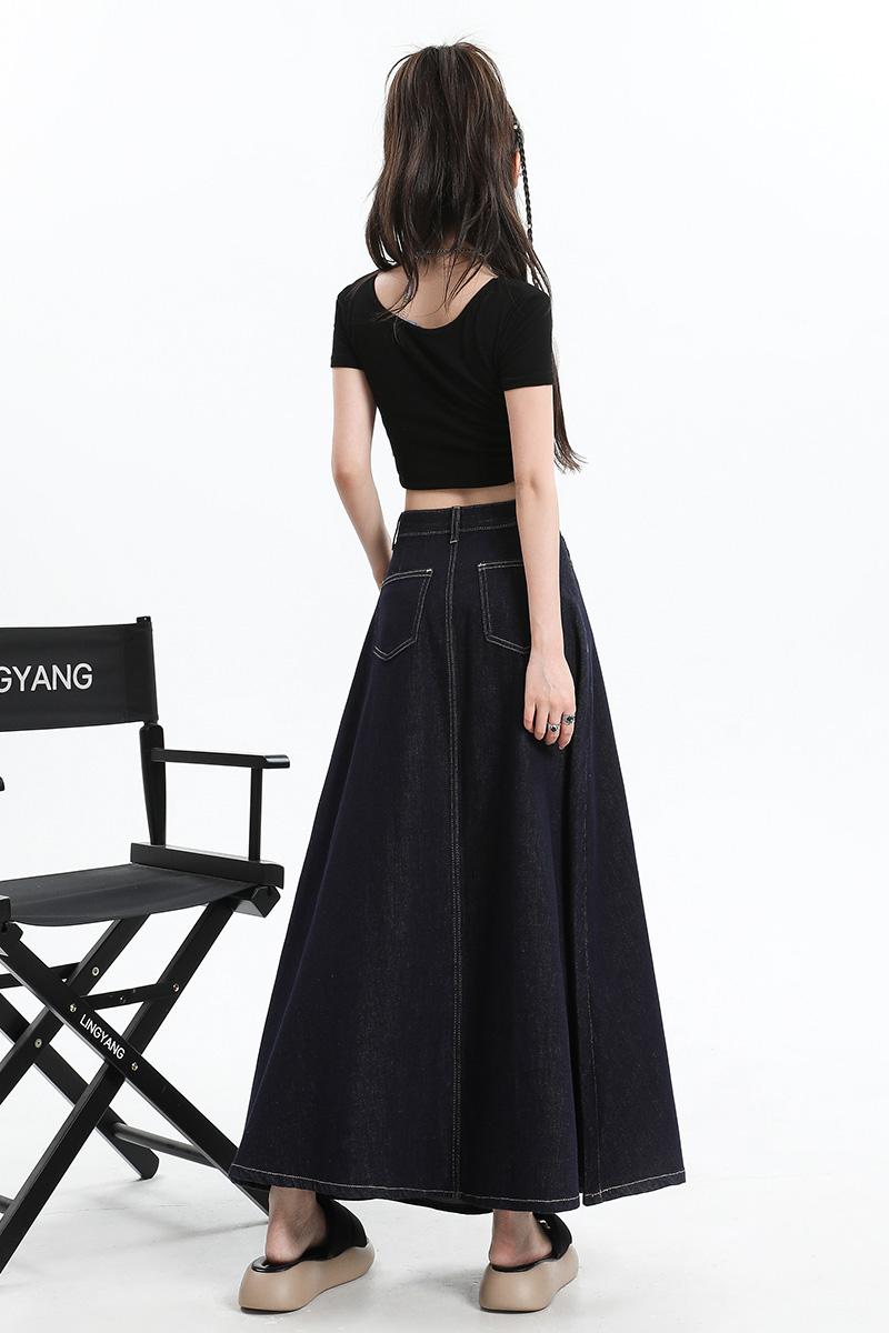 High waist A-line long skirt denim navy blue summer long skirt