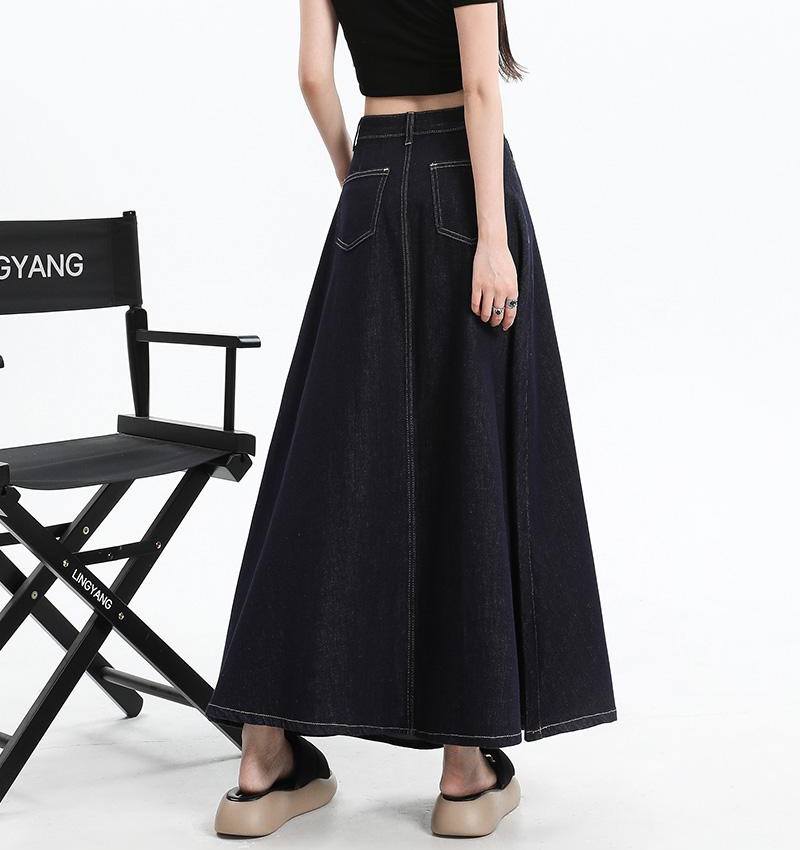 High waist A-line long skirt denim navy blue summer long skirt