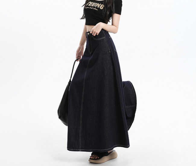 High waist A-line long skirt denim navy blue summer long skirt