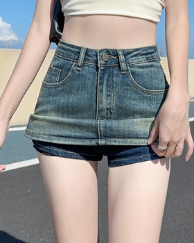 Package hip denim elasticity retro anti emptied A-line skirt
