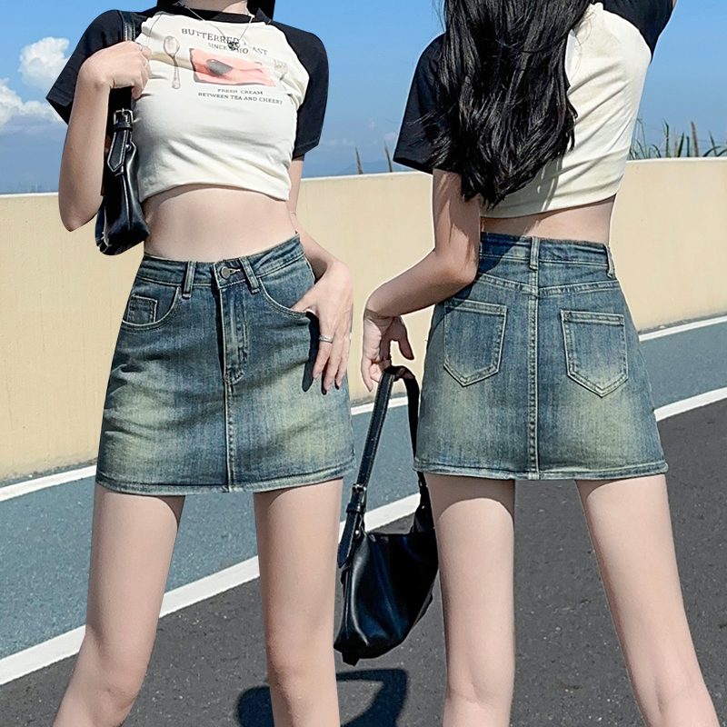 Package hip denim elasticity retro anti emptied A-line skirt