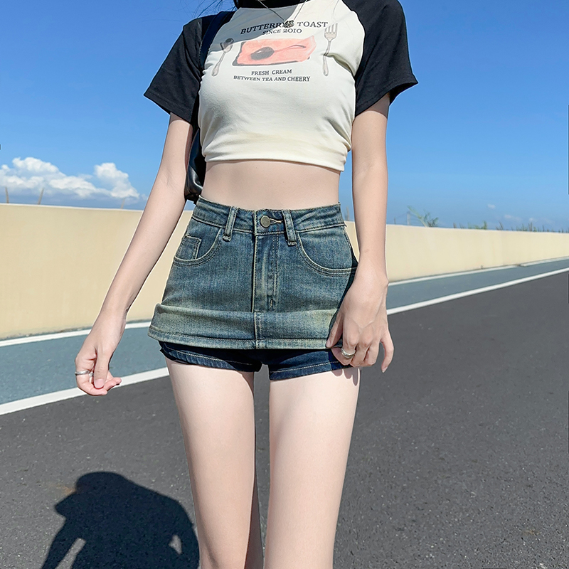 Package hip denim elasticity retro anti emptied A-line skirt