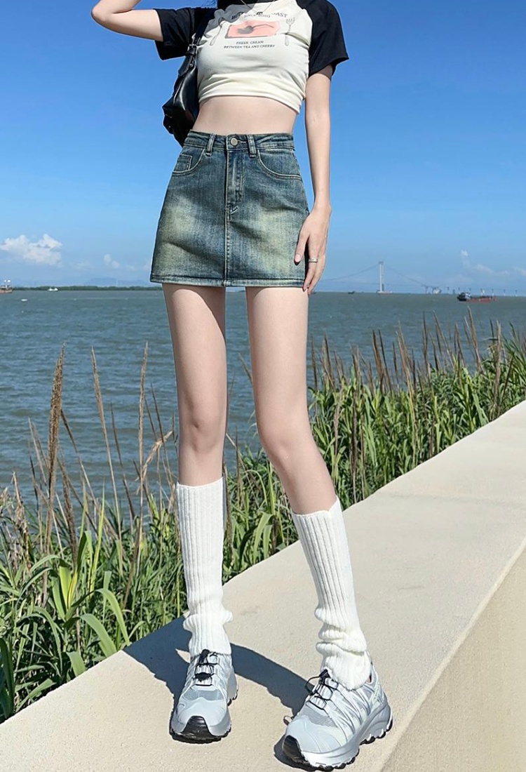 Package hip denim elasticity retro anti emptied A-line skirt