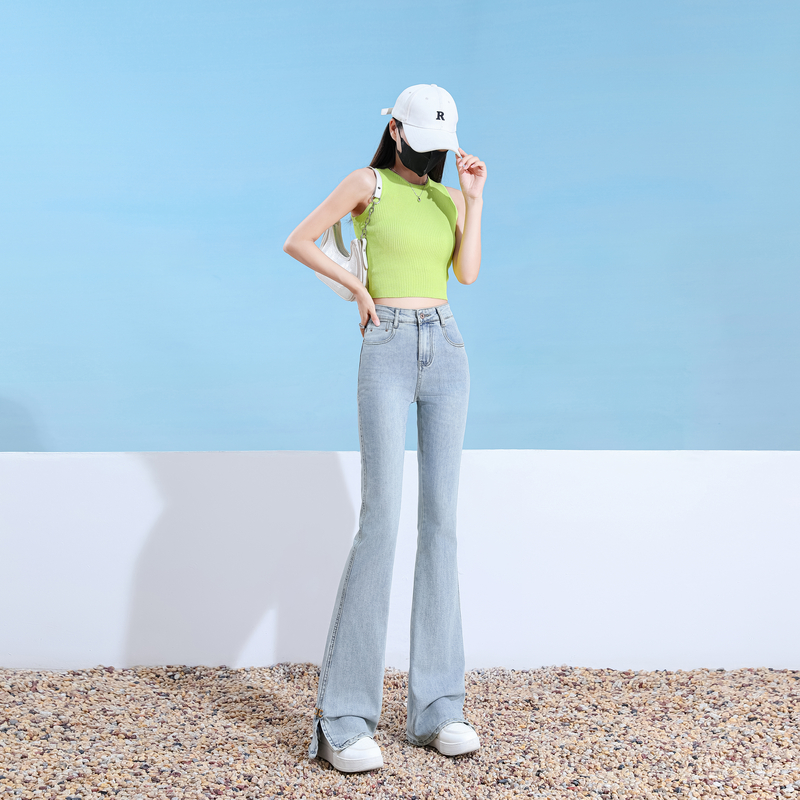 Micro speaker light-blue pants split elasticity jeans