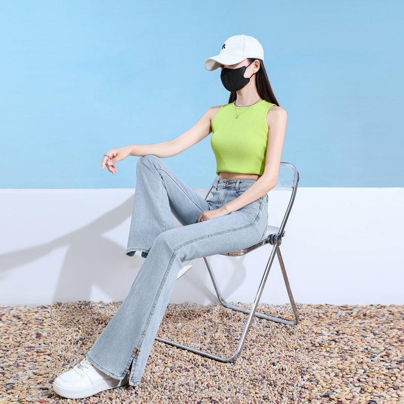 Micro speaker light-blue pants split elasticity jeans