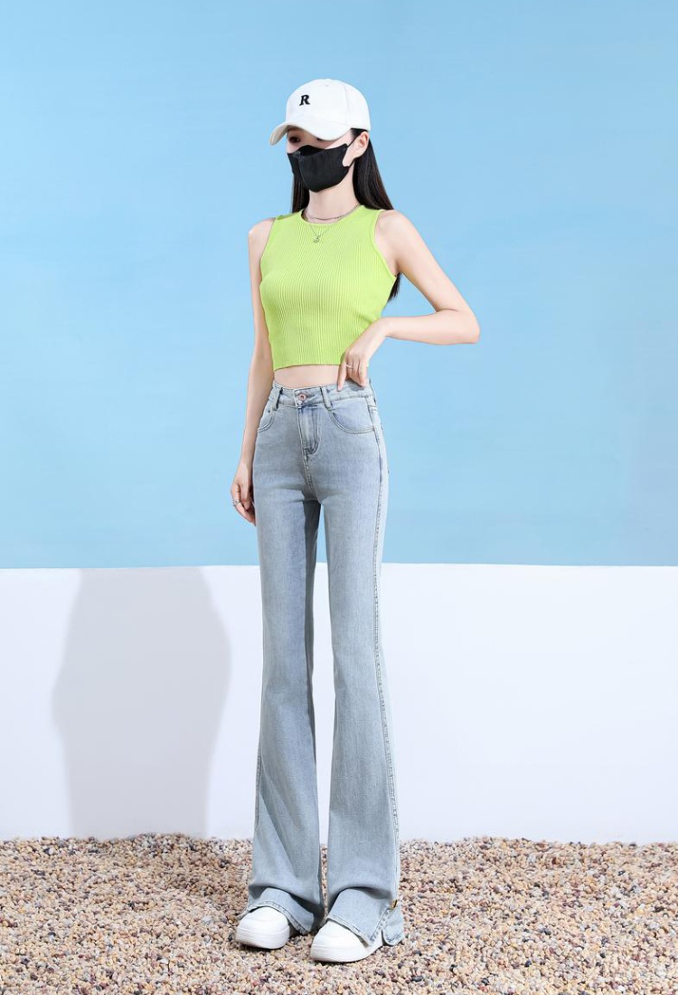 Micro speaker light-blue pants split elasticity jeans