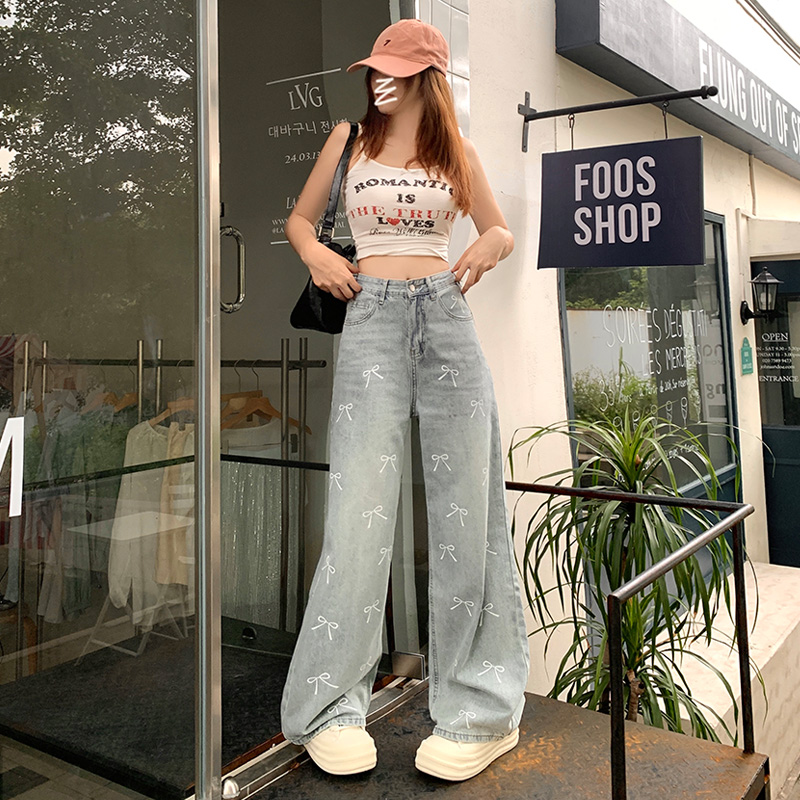 Straight pants printing bow pants summer loose jeans